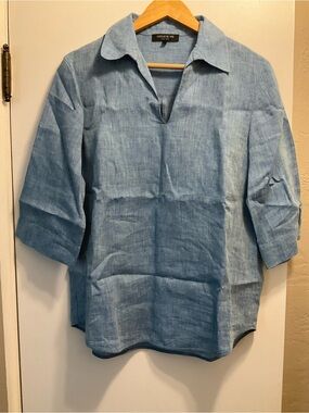 Lafayette 148 New York Light Blue Linen V-Notch Blouse S